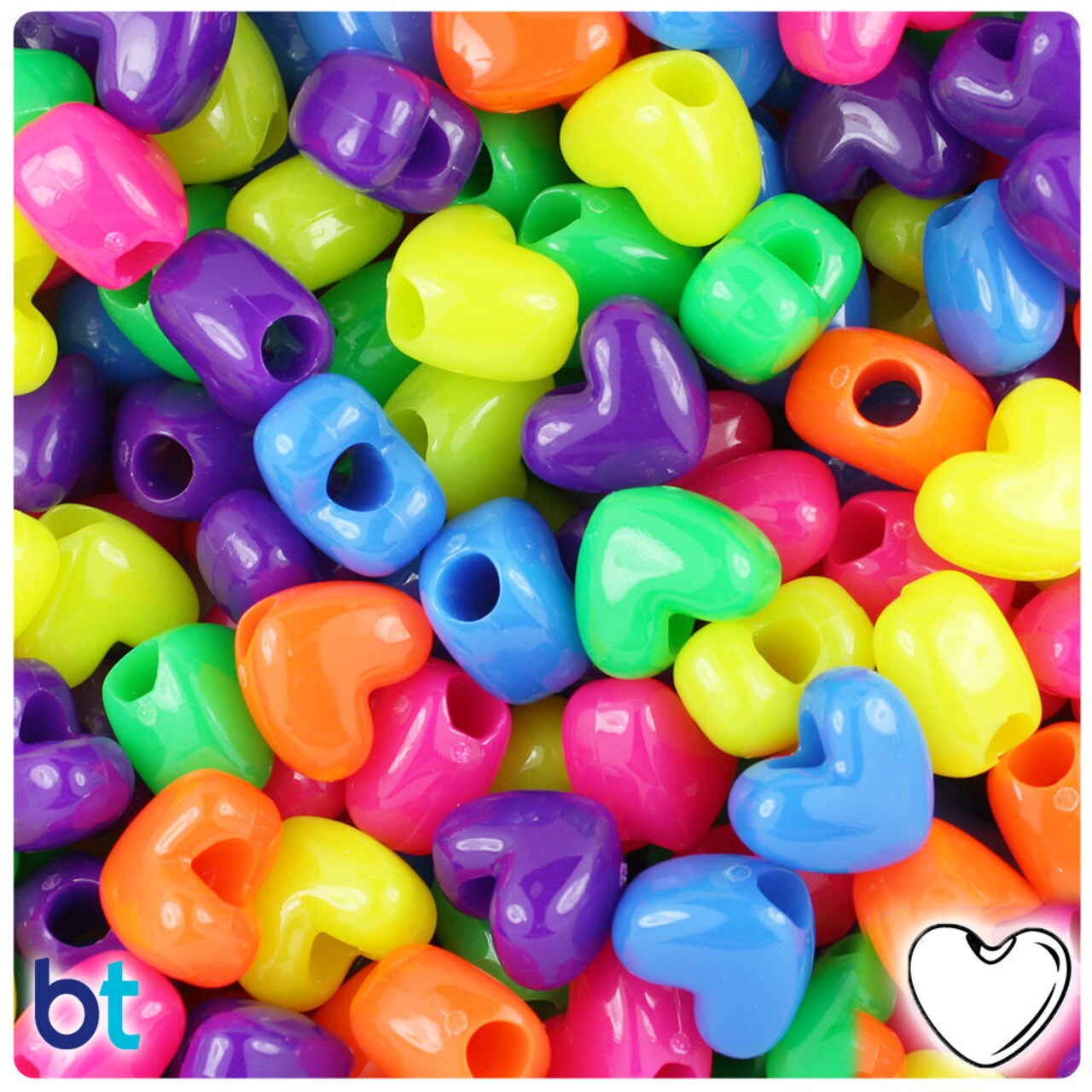 BeadTin Neon Bright Mix 12mm Heart (VH) Plastic Pony Beads (250pcs)